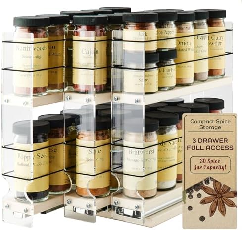 Vertical Spice Cabinet Mounted Spice Rack Organizer - 3 Drawers,30 Reg or 60 Half Sized Spice Jars - Pantry Organizers & Storage -Pullout Shelf for Kitchen Cupboard (6.9''W x 10.75''H x 10.6"D, Cream) by VerticalSpice