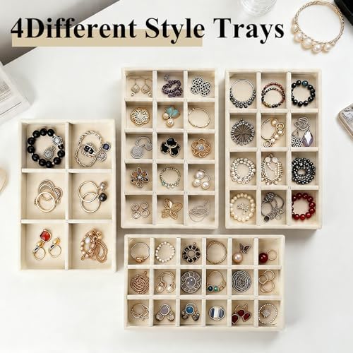 24 Pack Velvet Jewelry Trays Stackable Jewelry Organizer Trays Drawer Inserts Divided Storage Containers for Rings Earrings Jewelry Display (Beige) - Image 5