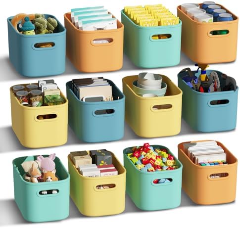 ORGIDOL 12 Pack Colorful Plastic Storage Bins, Storage Container for Organizing, Colored Storage Boxes with Handle for Shelves, Cute Organizer Bins for Craft, Snacks, Cabinet, 9.69x6.7x5.7 inch by ORGIDOL