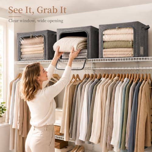 GoMaihe Clothes Storage Bins with Metal Frame for Sweaters, 40L 3-Pack Grey - Image 6