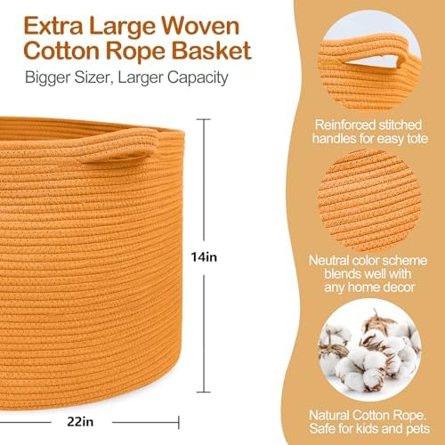 MEGASKET Extra Large Orange Basket, 22" X 22" X 14" Woven Cotton Rope Bins for Blankets, Baby Nursery Wicker Laundry Towel Basket, Kids Dog Toy Storage Box, Big Orange Living Room Decor Organizer - Image 2