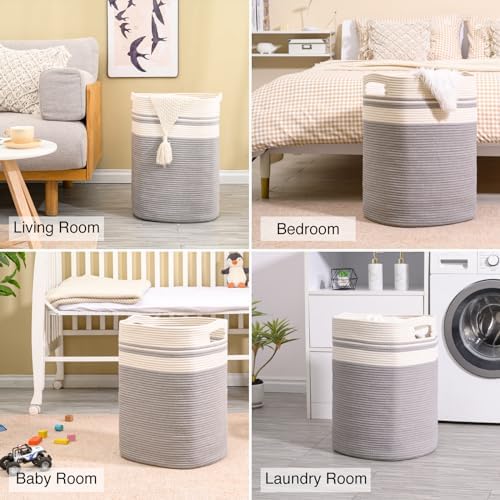 ICERZCZ 78L Laundry Hamper, Woven Rope Tall Laundry Basket with Handles, Decorative Blanket Basket for Bedroom, Bathroom, Collapsible Baskets for Toys, Clothes, 16”x14”x22”, White & Grey - Image 4