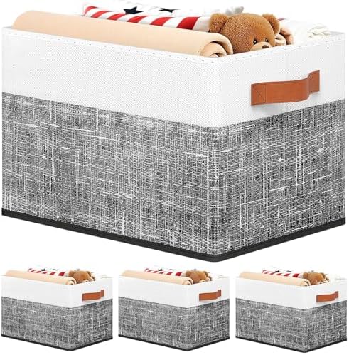 Fab totes Collapsible Storage Baskets for Shelves,14"x10", 4 Pack Foldable Fabric Storage Bins with Double Leather Handles, Large Baskets for Organizing Books, Clothes, White & Black by Fabtotes
