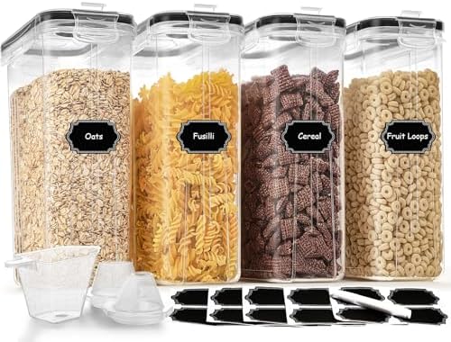Cereal Containers Storage Set (4L / 135.2oz), 4PCS Airtight Food Storage Containers with Lids, Cereal Dispensers for Kitchen Pantry Organization and Storage with Pour Spout, 20 Labels, Marker by HKJ+Chef