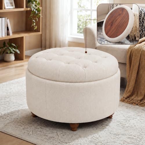 25" Round Ottoman with Storage, Small Coffee Table with Reversible Tray Lid by Unknown