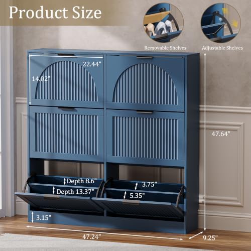 Fluted Shoe Storage Cabinet for Entryway, 6 Flip Drawers, Blue - Image 2