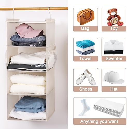 MAX Houser 4 Tier Shelf Hanging Closet Organizer, Space Saver,Closet Hanging Shelf with 2 Sturdy Hooks for Storage, Foldable (Beige) - Image 4