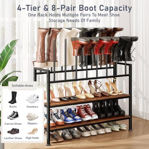 DIMJ Boot Rack 4-Tier - Black Metal Boot Storage Rack for Tall Boots Organizer Tall Boots, Multiuse Shoe Rack for Boots, Sneakers, High-Heel, Entryway, Wooden Support, Fit for 8 Pairs - Image 4