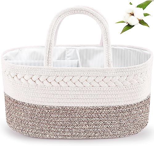 ABenkle Diaper Caddy Organizer, Boho Rustic Cotton Rope Nursery Baby Basket, Changing Table Organizer for Baby Diaper Storage and Baby Shower by ABenkle