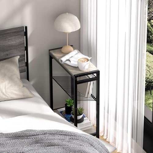 Small Side Table for Small Space, 3-Tier Narrow End Table with Magazine Holder, Slim Nightstand, Skinny Snack Couch Table in Living Room, Bedroom, Study, Kitchen and Balcony (Greige) - Image 2