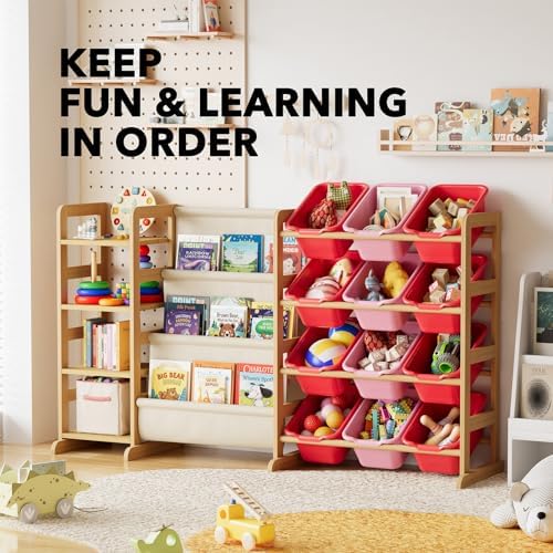 SpaceAid 3-in-1 Toy Storage Organizer with 4 Shelves and 12 Bins, Toy Organizers Storage 3-Tier Bookshelf, Kids Bin Shelf Box Bookcase for Bedroom Playroom Organization Room Decor, Red and Pink - Image 5