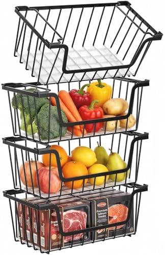 SUNALLY Stackable Storage Bins 4 Pcs Wire Baskets Freezer Organizer, Black by SUNALLY