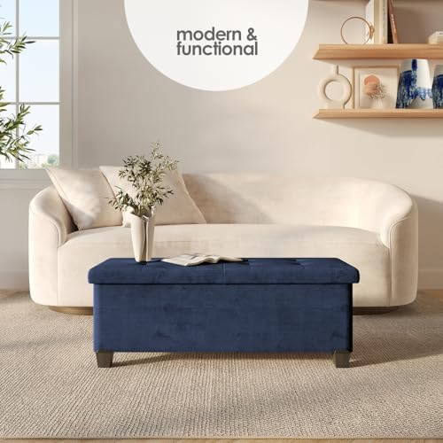 Storage Ottoman Bench with Bins, 43-in Storage Bench for Bedroom End of Bed, Folding Foot Rest Ottoman for Living Room Max 660lbs, Velvet Ottomans, Blue - Image 2