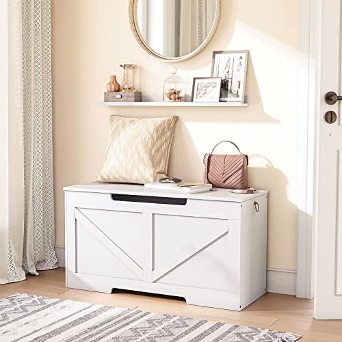 HOOBRO Storage Bench, 29.5” Retro Wooden Storage Chest with U-Shaped Cut-Out Pull, Safety Hinge, Supports 330 lb and Easy Assembly for Toy Box Organizer (White) WT77CW01G1 - Image 4