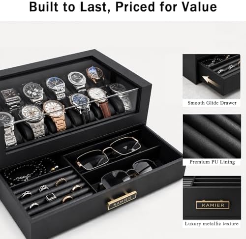 KAMIER High End Watch Box for Men, 12 Slot Wooden Watch Case With Drawer - Image 2