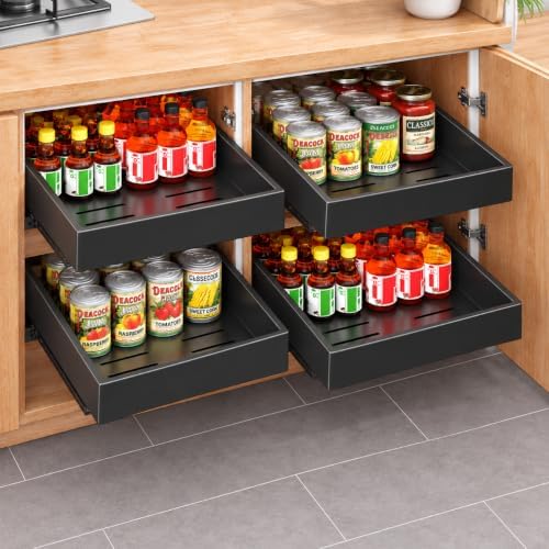 4 Pack Pull out Cabinet Organizer, 21"Deep, Heavy Duty Full-extension Slide out Drawers for Kitchen Cabinet, Roll out Shelf Storage with Nano Adhesive for Pots, Bathroom, Pantry, Home, Black by Kitstorack