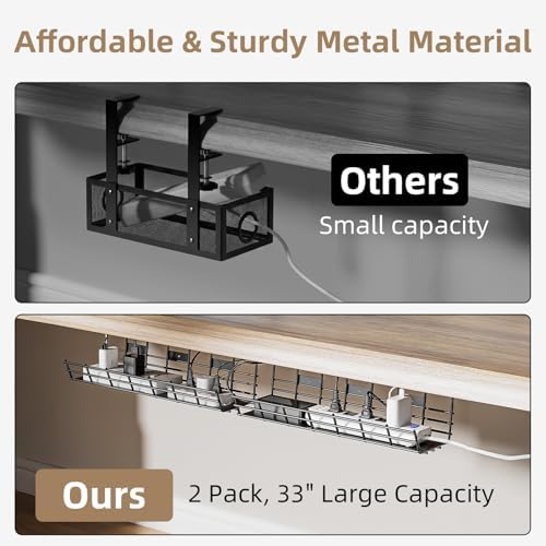 2 Pack DELAMU Under Desk Cable Management Tray, Large Metal Cord Organizer, Office & Home Cord Wire Management Under Desk Shelf, Easy Install Pre-drilled Cable Organizer, Black - Image 6