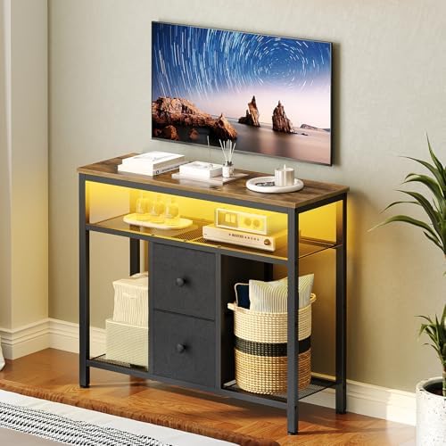 YATINEY TV Stand with LED Lights, Dresser TV Stand, Tall Entertainment Center with 2 Fabric Drawers, TV Media Console Table, for Living Room, Bedroom, Black and Rustic Brown DS10DBR - Image 2