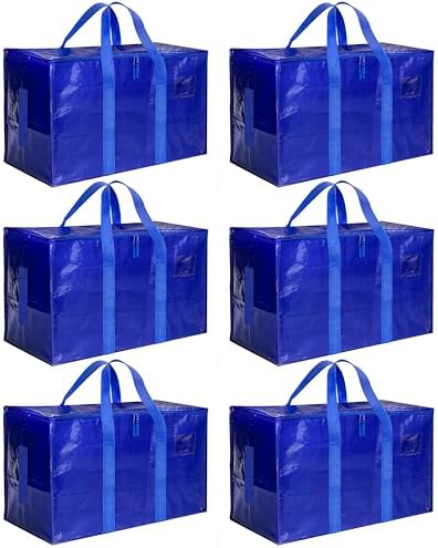 HealSmart 6 Pack Large Moving Bags with Zippers & Handles, Moving Supplies with lids, Heavy Duty Totes for Space Saving, Fold Flat, Moving and Storing, Blue by HealSmart