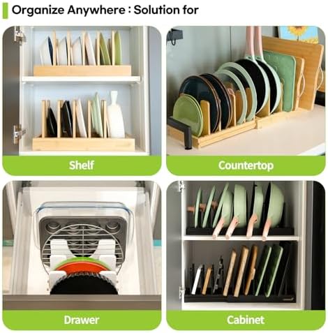 Pots and Pans Organizer under Cabinet Expandable Bamboo Pot Lid Holder Rack - Image 4