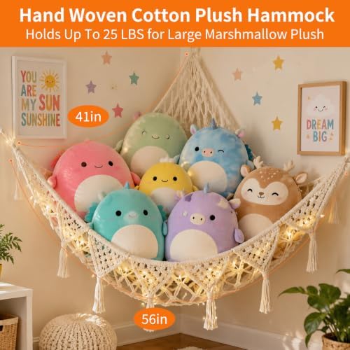 Corner Stuffed Animal Hammock, Large Handwoven Cotton Plush Toy Storage Net Compatible with Squishmallow Plush, Boho Hanging Wall Organizer Decor for Girls Bedroom, Cream White - Image 3