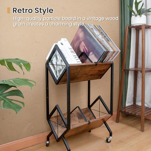 SwaaVee Vinyl Record Storage Holder with Wheels, 2-Tier Record Holder 160-200 LP with Dividers, Retro Style Quick Assembly Vinyl Record Display for Albums, Magazine, Book, Files(2 Tier- Rustic Brown) - Image 6