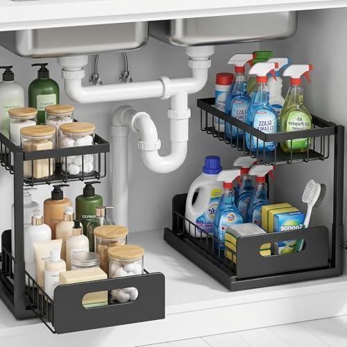 Under-Sink Storage Organizer (2-Pack) — Double-Tier Pull-Out Cabinet Organizer with Sliding Drawers ，Heavy-Duty & Versatile Storage Rack for Kitchen, Bathroom, and Pantry，Black by Unknown