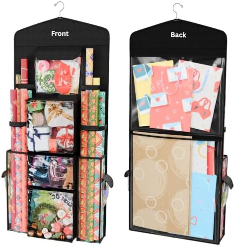 ProPik Hanging Double Sided Wrapping Paper Storage Organizer With Multiple Pockets Organize Your Gift Wrap, Gift Bags Bows Ribbons 40"X17" Fits 40 Inch Rolls Clear PVC Bag (Black) by ProPik