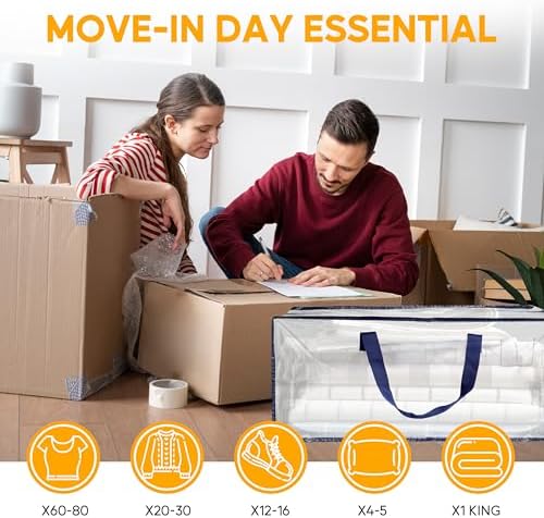 HealSmart 10 Pack Extra Large Moving Bags with Zippers & Carrying Handles, Heavy-Duty Storage Tote Moving Boxes for Dorm Room Essentials Storage Bags, Clear - Image 6