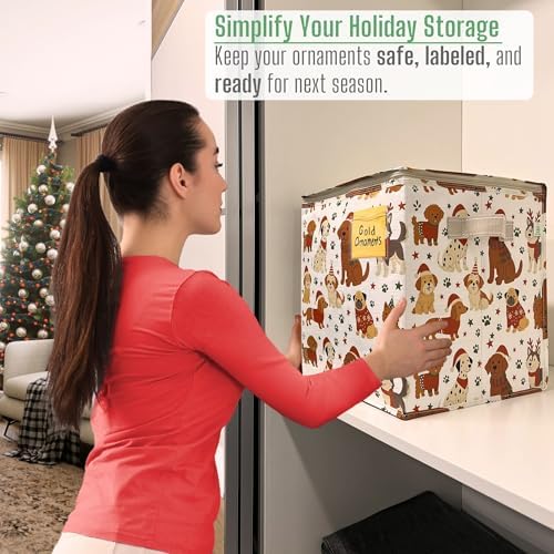 VENO 2 Pack Christmas Ornament Storage Box, Holiday Ornament Organizer with Adjustable Dividers, Sturdy Storage Containers for 64 Ornaments, Zippered Lid & Handles, 3" Cube (Holiday Pups) - Image 4