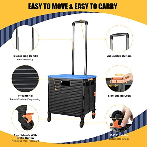 Foldable Utility Cart Collapsible Crate Rolling Carts Handcart Trolley Tool Box Basket 4 360°Noiseless Wheels Lid Telescoping Handle for Shop Grocery Luggage Move Office School Teacher (Blue) - Image 4