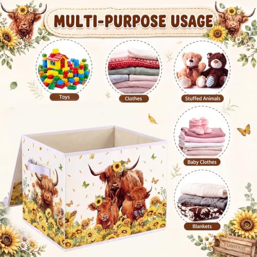 Briwooody Highland Cow Storage Bin with Lid and Carrying Handle Sunflower Cow Foldable Storage Box Large Farm Cattle Decorative Collapsible Container Basket for Organizing Closet Home Bedroom Gift - Image 5