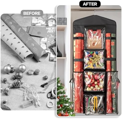 Christmas Wrapping Paper Organizer Storage, Hanging Gift Bag Storage Organizer, Double-Sided Wrapping Paper Holder Storage - Black - Image 5