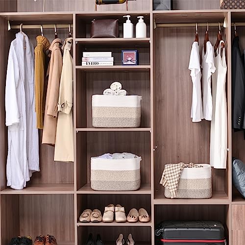 ICERZCZ Storage Baskets for Organizing Shelves, Woven Cotton Rope Bins for Baby Nursery Organization, Book Toy Towel Organizer, 15"x11"x9.5", 3 Packs, Gradient Brown - Image 2