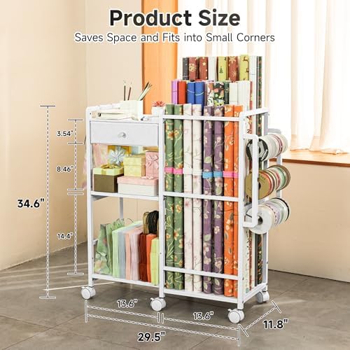 Aquzee Wrapping Paper Storage, Rolling Gift Wrap Station, 9 Adjustable Rod Design, Vertical Wrapping Paper Storage Cart, Ribbon Organizers and Gift Bag Storage, 12 PCS Slap Bands, White - Image 2