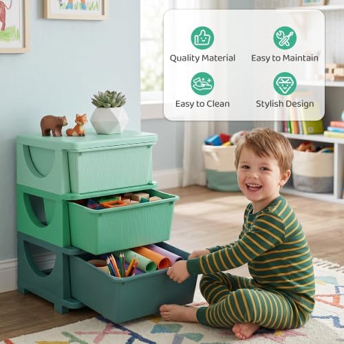Qaba 3 Drawers Kids Storage Unit 3 Tier Toy Organizers Green - Image 7
