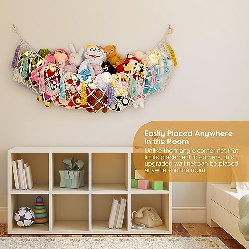 Stuffed Animal Net or Hammock, Large Stuffed Animal Storage Macrame Toy Hammock Hanging Corner Net for Stuffed Animals, Plushie Net Hammock with Star Lights for Boho Kids Room Nursery Playroom Decor - Image 3