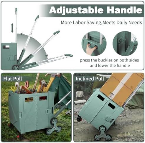 76L Folding Utility Cart Portable Rolling Crate Handcart Shopping Collapsible Tool Box with Stair Climbing Wheels,Hidden Lid,2 Rotate Wheels,for Grocery,Shopping,Office,Storage(Dark Green) - Image 3