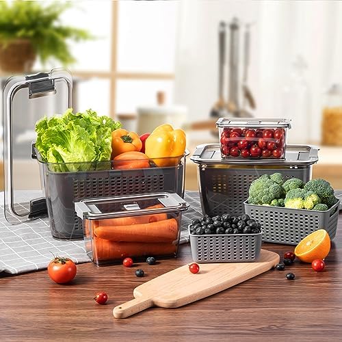 LUXEAR 4 Pack Fruit Containers for Fridge, Vegetable Storage Container with Lids &Removable Colander Produce Saver Organizer for Refrigerator Keep Fruit, Veggie, Berry, Meat Fresh Longer-Grey - Image 5
