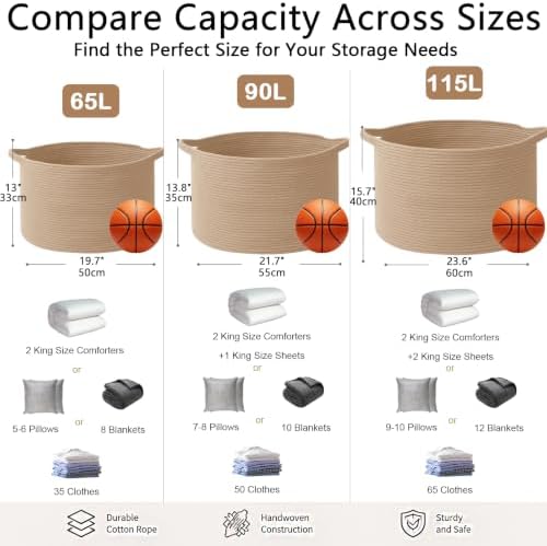 115L Extra Large Blanket Basket,Woven Rope Laundry Basket-Camel - Image 2