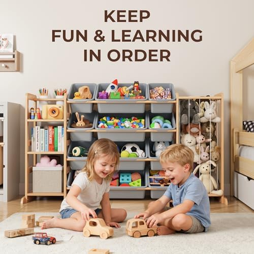 Toy Storage Organizer with Bookshelf and Stuffed Animal Storage - Kids Playroom Organization with 3 Shelves and 12 Bins - Toddler Living Room Toy Box for Collections - Nursery Bedroom Decor Essential - Image 2