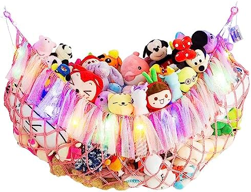 Jumbo Toy Hammock for Stuffed Animal Net Boho Macrame Toy Hammock with Led Light Stuffed Animal Storage Ideas Plush Toy Display Squishmallow Holder Net-Pink by Amdermi