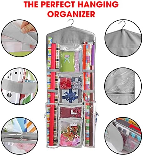 Wrapping Paper Storage Hanging Over the Door Wrapping Paper Organizer Store Gift Wrap Gift Bags Ribbon Bows and Accessories 40”x17” Fits Long 40 Inch Rolls Double Sided Clear PVC Bag (Gray) - Image 4