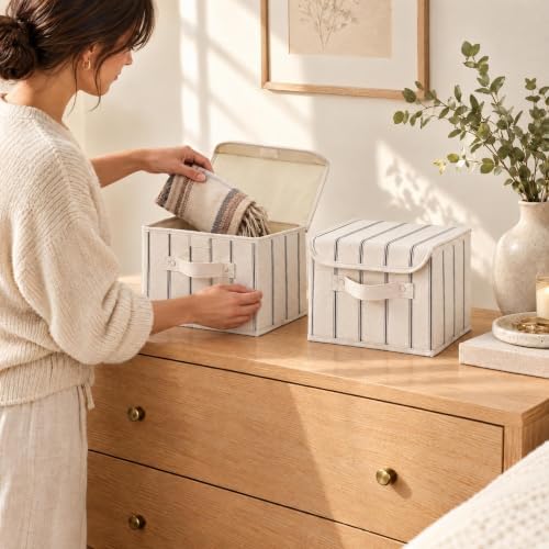 Decorative Linen Storage Boxes with Lids - Spacious Set of 2 Organizer Bins - Image 4