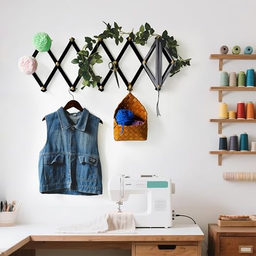 SKOLOO Accordion Wall Hanger with 16 Hooks, Modern Expandable Coat Rack Hat Rack for Wall, Solid Wooden, Natural on Black - Image 5