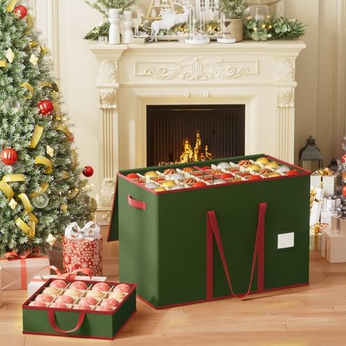 160-3” Large Christmas Ornament Storage Box, Dual Zippers, Stackable Christmas Storage Container with Lid, 6 Trays, 600D Oxford, Green - Image 2