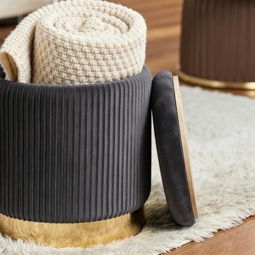 Round Ottoman with Storage Set of 2 Gray Velvet Vanity Stool - Image 6