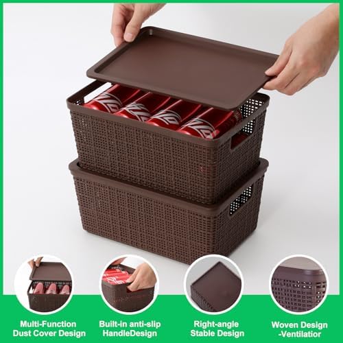 6 Pack Plastic Storage Baskets with Lid,Brown Stackable Bins - Image 4