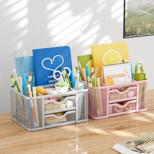 Marbrasse Mesh Desk Organizer, Pen Organizer with 2 Drawer, Multi-Functional Pencil Holder, Desk Organizers and Accessories with 5 Compartments + Drawer for Office Art Supplies (Pink) - Image 3