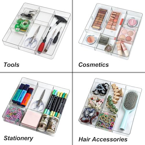 ZEXALOR Adjustable Clear Drawer Organizer, Plastic Drawer Divider Tray with Removable 9 Sections for Desk,Bathroom,Office,Makeup,Junk - Image 4